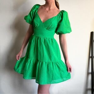 Kelly Green Puff Sleeve V Neck Three Tiered Skirt Gingham Girly Dress Size S